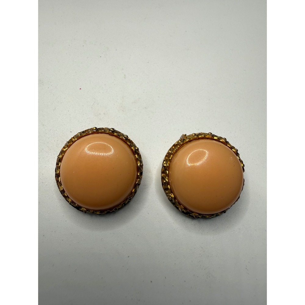 Vintage Peach Cabochon Clip On Earrings Gold Tone Textured Border Round Studs